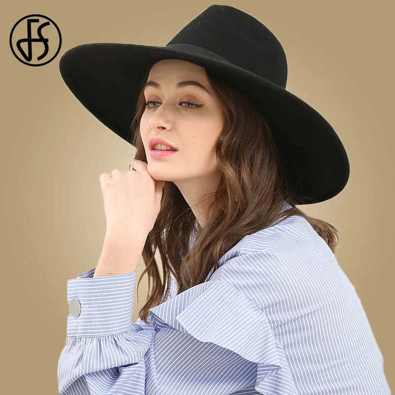 FS Chapeau Feutre Femme Fedora Womens Hat Elegant Black Womens Wide Brim Sombreros Jazz Church Hat Bow Panama Fedoras Top Hat W250217