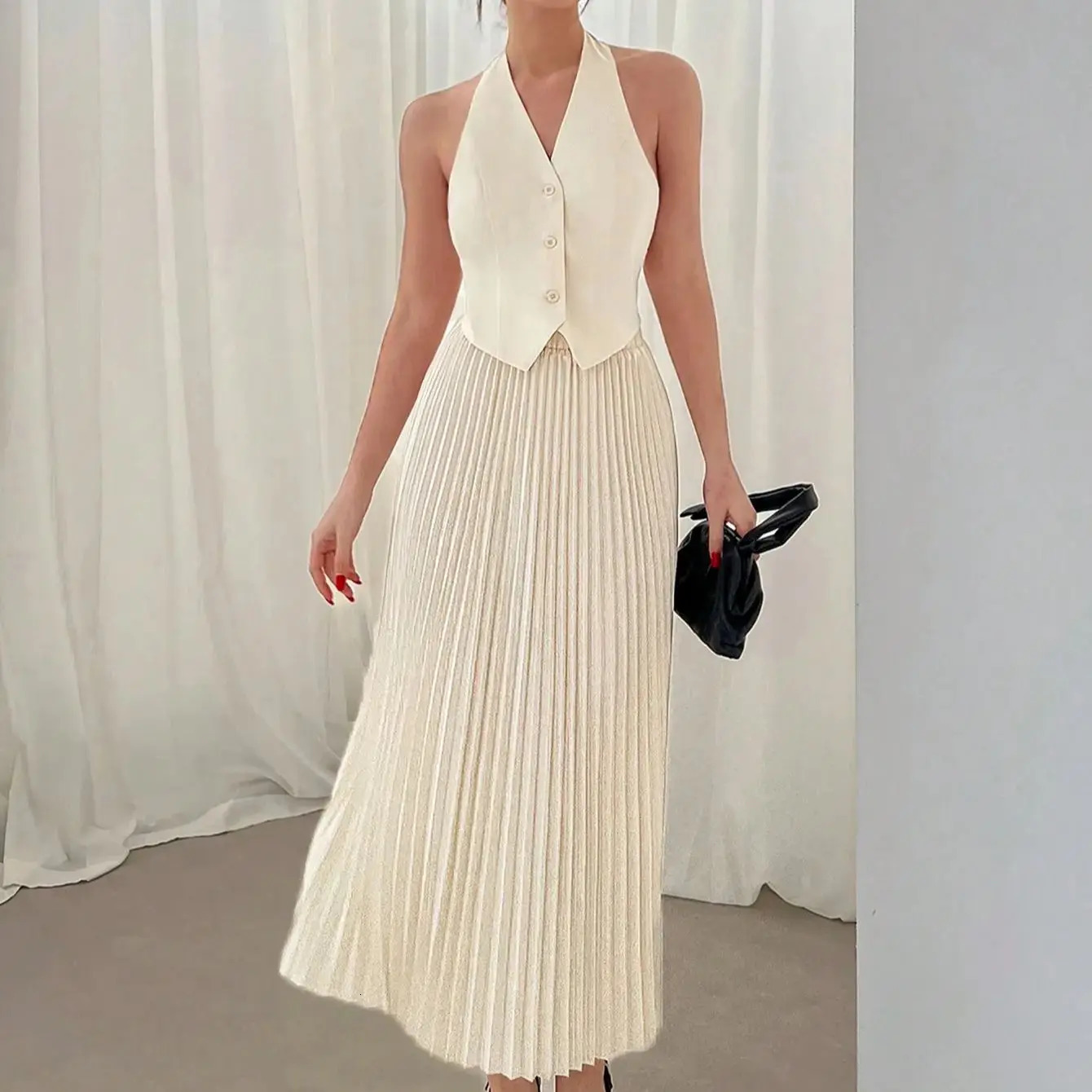 Summer suit vest single breasted skirt lapel top fashion pleated 250214