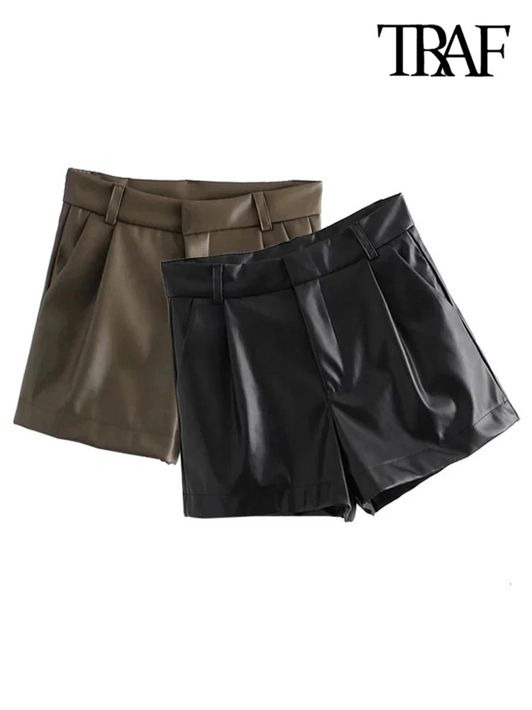 TRAFWomens Faux Leather Shorts with Side Pockets High Waist Zipper Fly Female Short Pants Chic Fashion 250213
