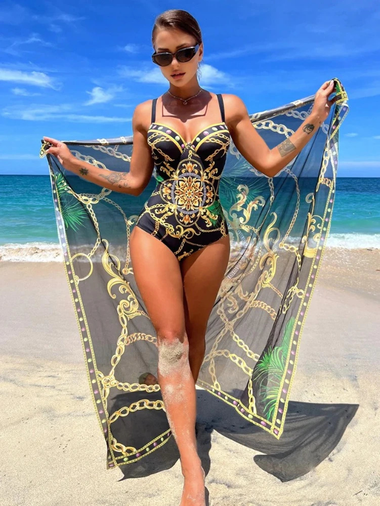 Underwire Women Sexy Swimsuit 2 Piece Swimwear Slim Monokini Chains Print Push Up Bikini Black Blue Green Beachwear Light y 250214