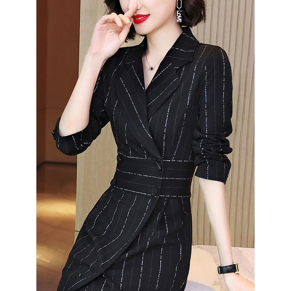 Elegant Womens Stripe Midi Dress Spring Autumn Long Sleeve V-Neck Double-breasted Button Split Female Black Fashion Dresses 250213