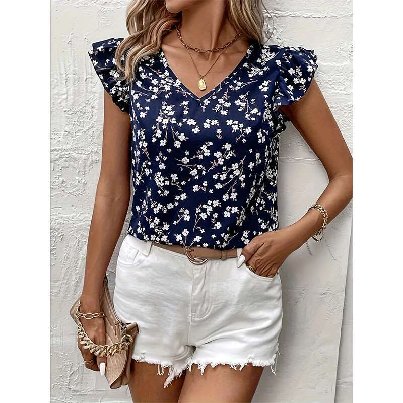 Shirt Fashion Women's Commuting V-Neck Breathable Lace Sleeve Tibetan Blue Small Ral Print Design Unique Niche New Noble Shir