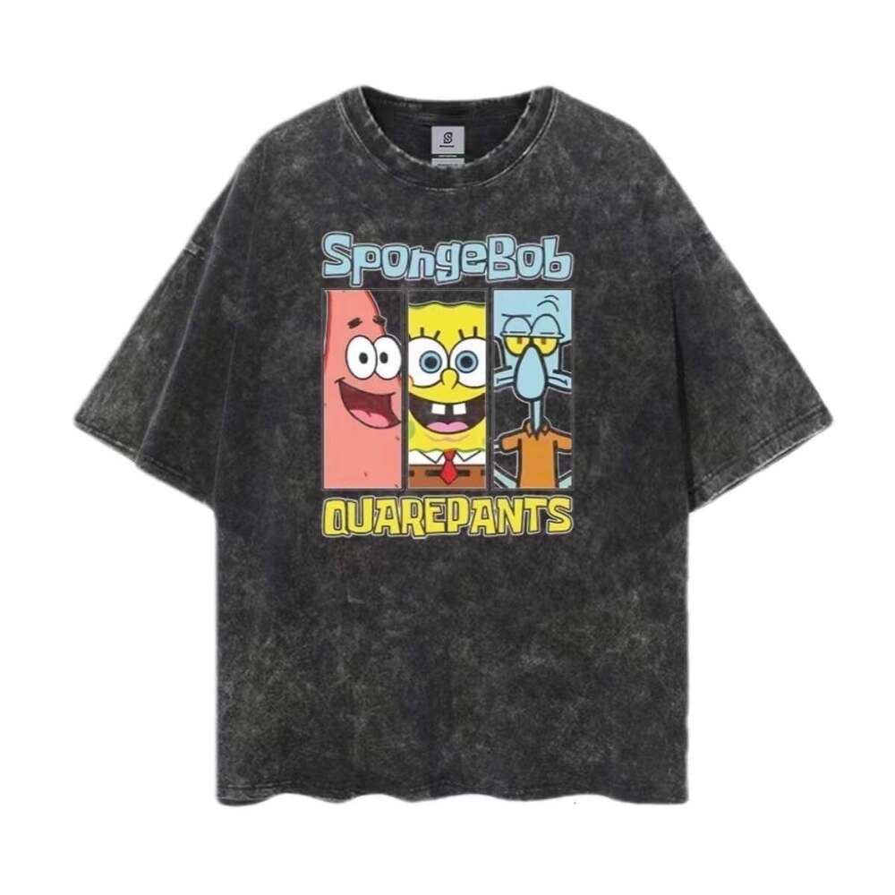 Cartoon anime high street washed vintage printed base shirt for couples hip-hop casual loose short sleeved T-shirt
