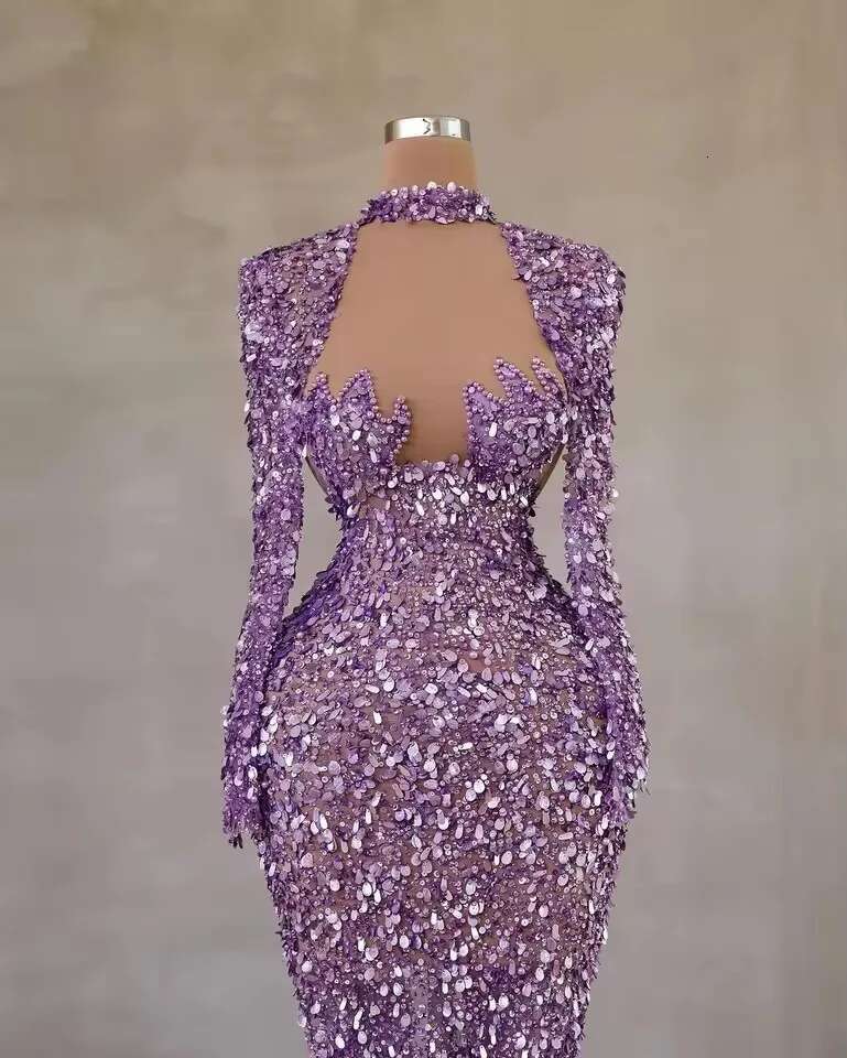 Purple Gorgeous Sequined Mermaid Evening Dresses Beads Long Sleeve Slim Ruched Women Party Pageant Prom Gowns