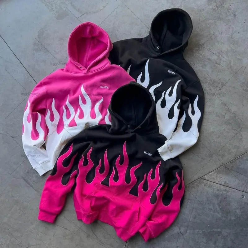 Vintage Versatile Casual Oversized Sweatshirt Women Colorful Harajuku Trendy Y2K Streetwear Hip-hop Punk Flame Print Hoodies Men 250211