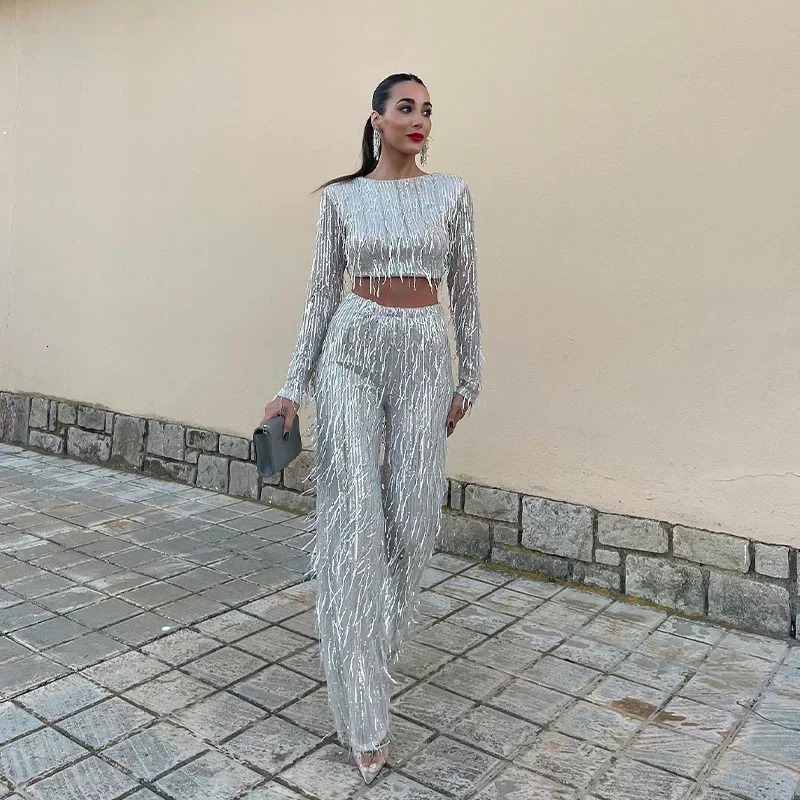 Tassel Sequin Women 2 Piece Set Spring Silver Bright Silk O-neck Crop Tops Wide Leg Pants Female Suit Fashion Street Lady Sets 250210