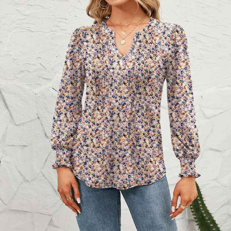 Plus Size Casual Shirt, Fully Printed Lantern Sleeve V-Neck Top, With Pleats On The Chest, Waist Cinching Slim Fit Shirt