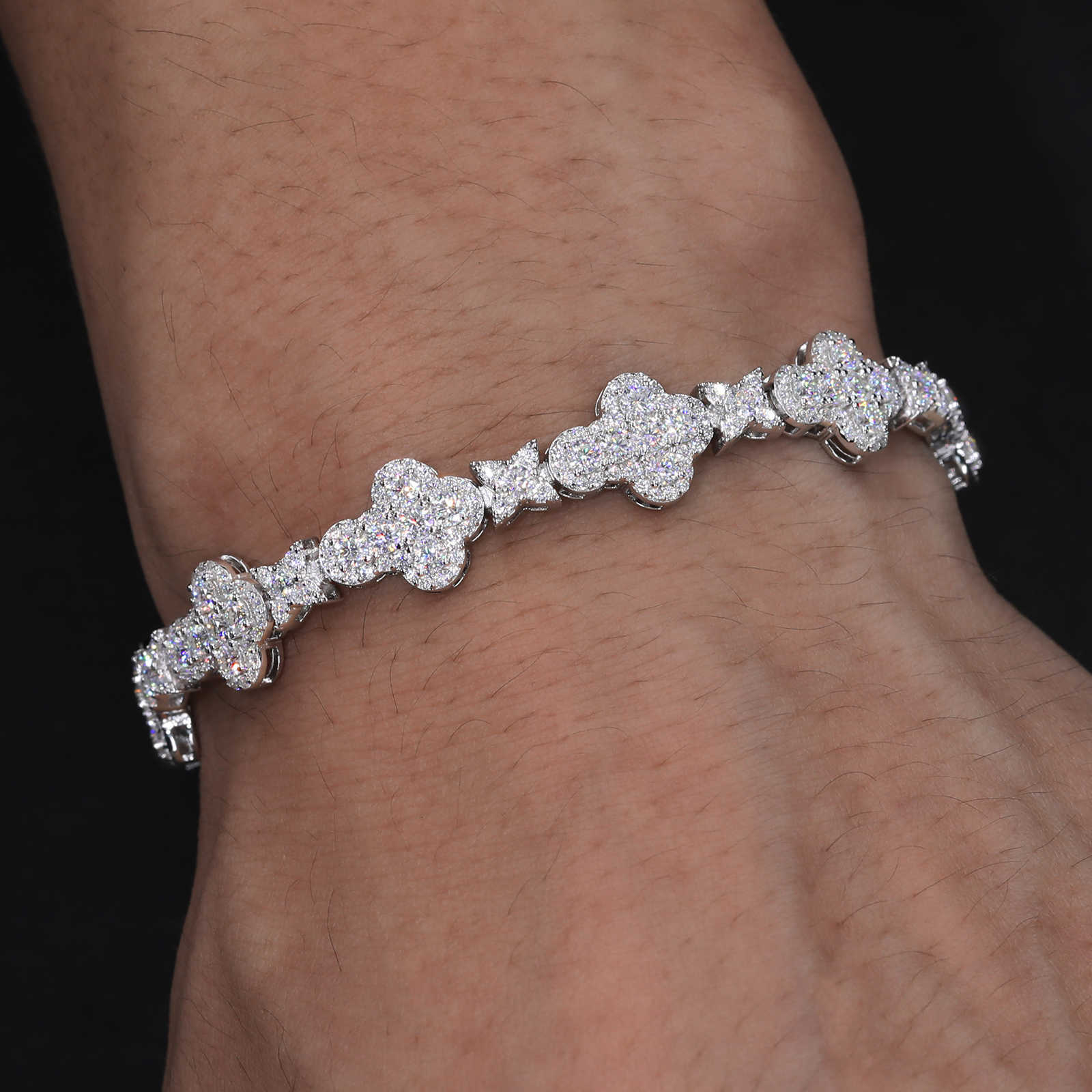 Versatile Mens Bracelet Fashion White Gold 10mm 925 Sterling Silver VVS Moissanite Diamond Iced Out Star Cross Link Bracelet