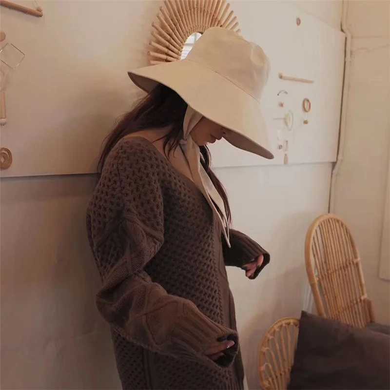 Summer Spring Japanese Tie Bucket Hat Womens Korean Big Brim Fishermans Hat Foldable Sunscreen Hat Fashion Cotton Linen Beach Sun Hat W250217