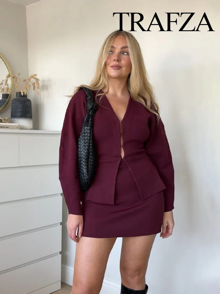 TRAFZA Women Autumn 2 Piece Set Solid VNeck Long Sleeves Covered Button Cardigan TopFashion High Waist Knitted Mini Skirts 250214