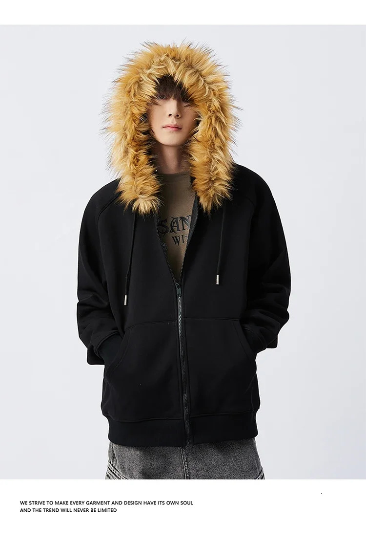 Casual Y2K Zipper Hoodie Mens Fur Collar Harajuku Streetwear Hip Hop Zipper Sweatshirt Retro Rock Loose Punk EMO Jacket 250211