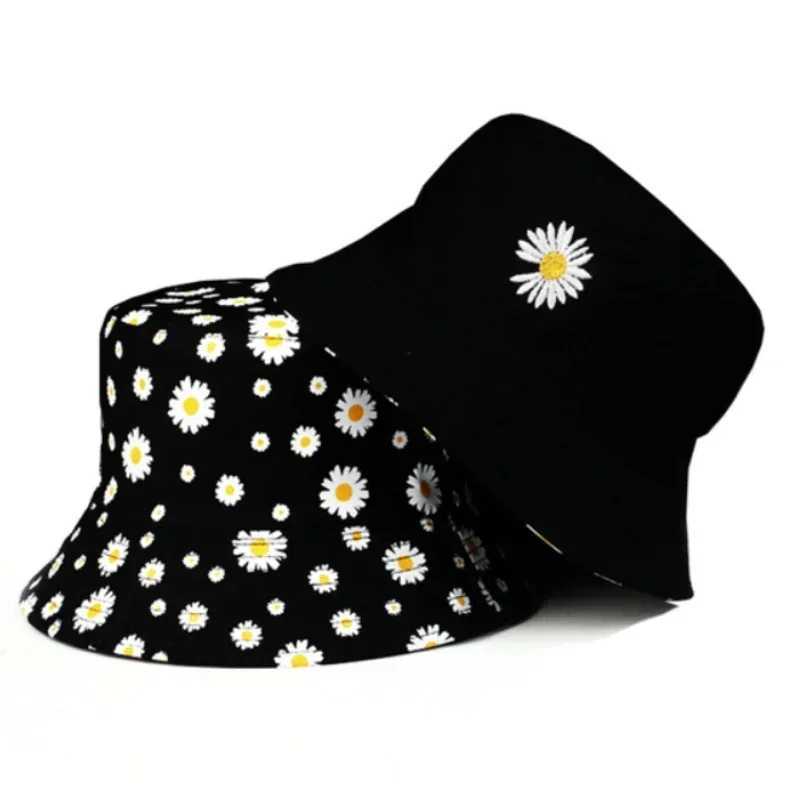 Double-Sided Daisy Embroidery Bucket Hats Women Men Hip Hop Panama Bob Caps Folded Beach Sun Fisherman Hat for Ladies Mens W250217