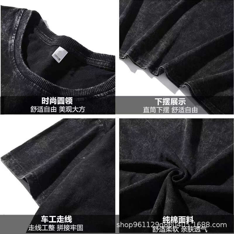 Wash washed vintage letter short T-shirt for men, Xia Ins trendy brand loose five and a half sleeved shirt