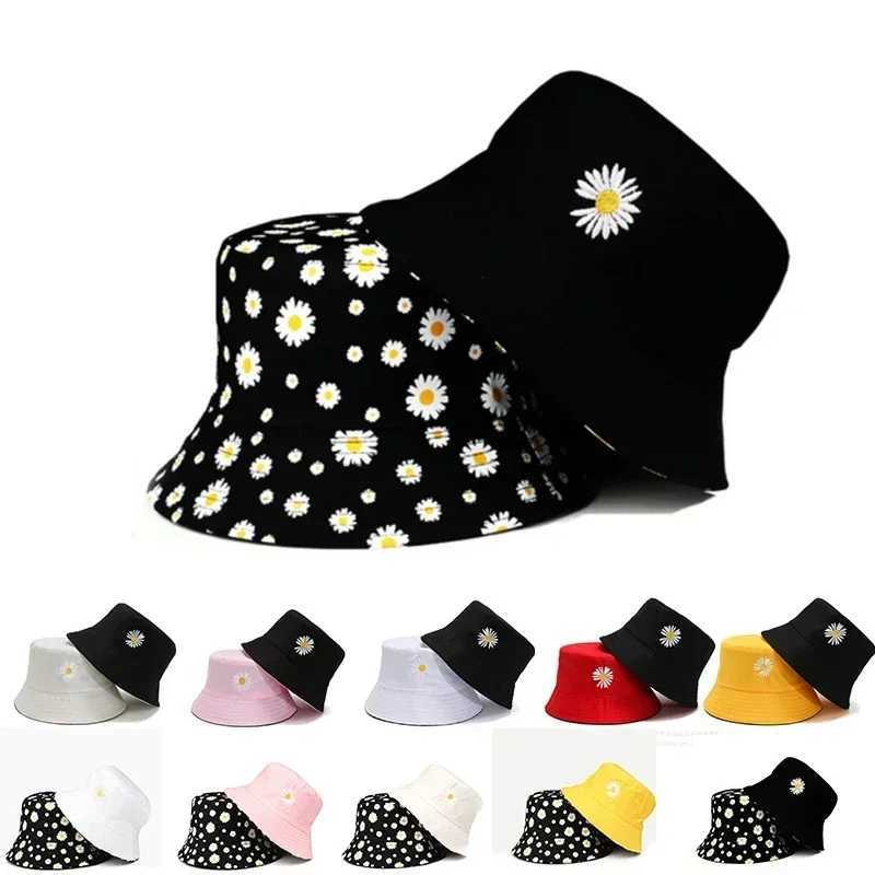 Double-Sided Daisy Embroidery Bucket Hats Women Men Hip Hop Panama Bob Caps Folded Beach Sun Fisherman Hat for Ladies Mens W250217