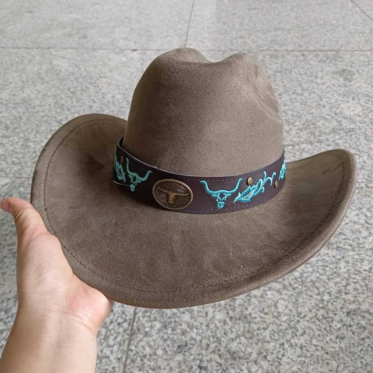 Suede cowboy hat men and women curly brown western cowboy hat solid color classic hat wholesale cowboy hat W250217