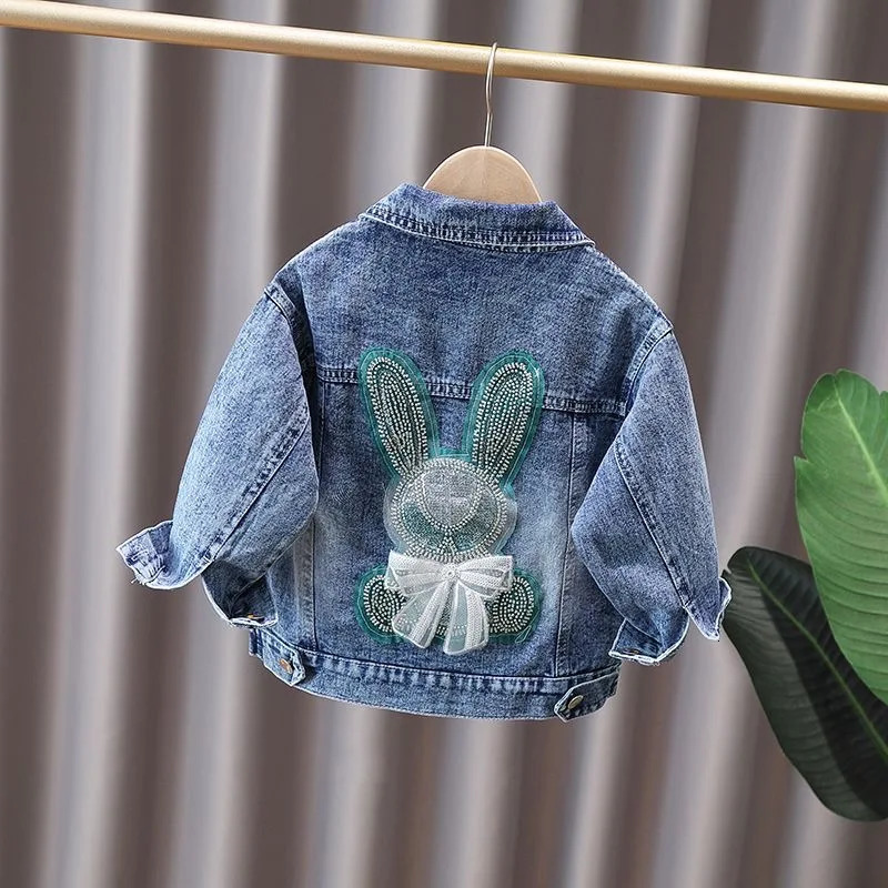2-12-year-old girls denim jacket fashion baby Jean Coats s childrens jacket with cute rabbit lace bow for girls 250214