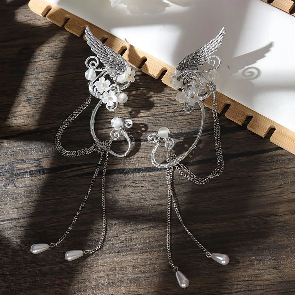 Charm Fairy Long Tassel Elf Ear Cuff Wrap Wings Resin Flowers No Piercing Elven Clip On Earrings For Women Cosplay 250213