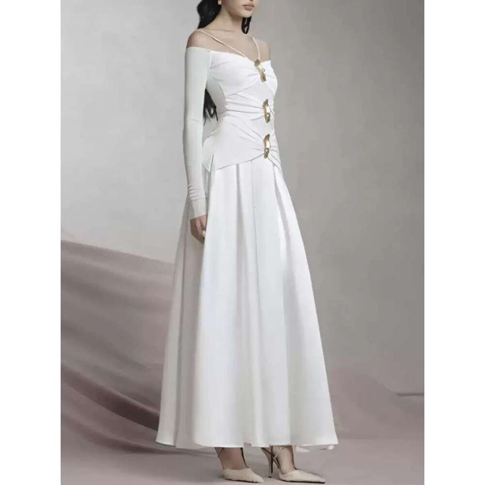 Elegant Patchwork Metal Long Dresses For Women Strapless Off The Shoulder Sleeve High Waist Sexy Slim Dress Female Fashion