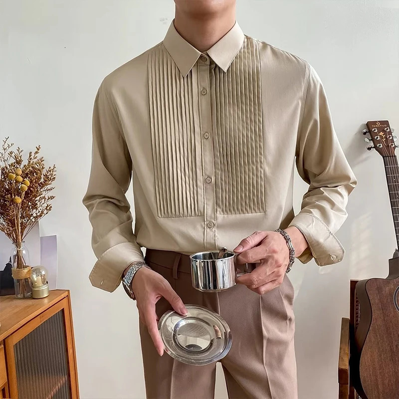 Autumn mens light long sleeved dress solid color ultra-thin retro casual patch work Korean clothing 250214