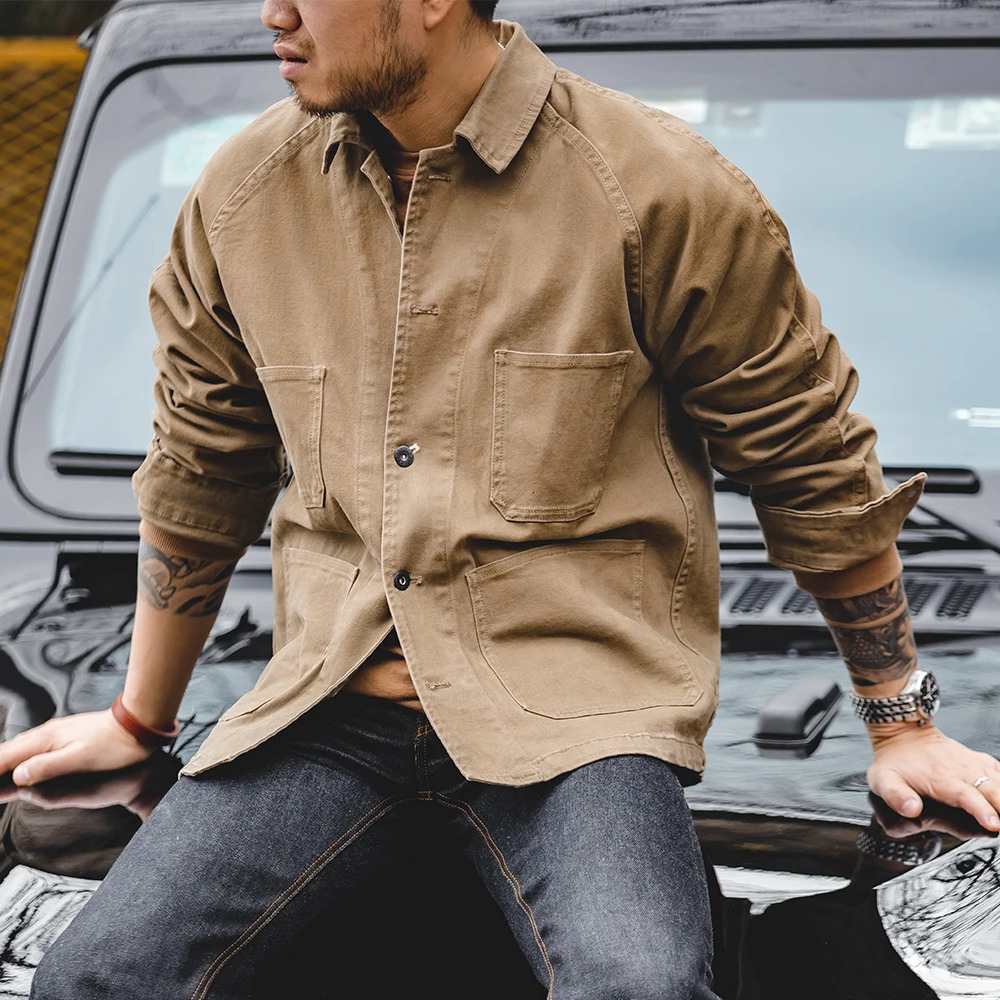 Maden Vintage Khaki Jackets for Men Loose Cotton Solid Chore Coat American Cargo Casual Jacket Man Clothing 250212