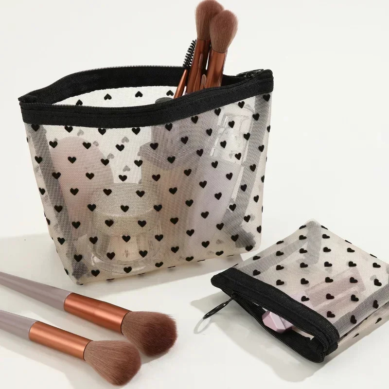 Nylon Mesh Cosmetic Bag Zipper Heart Shaped Toiletry Organizer Makeup Bags Multifunctional Women Lipstick Key Coin Purse Pouch 250213