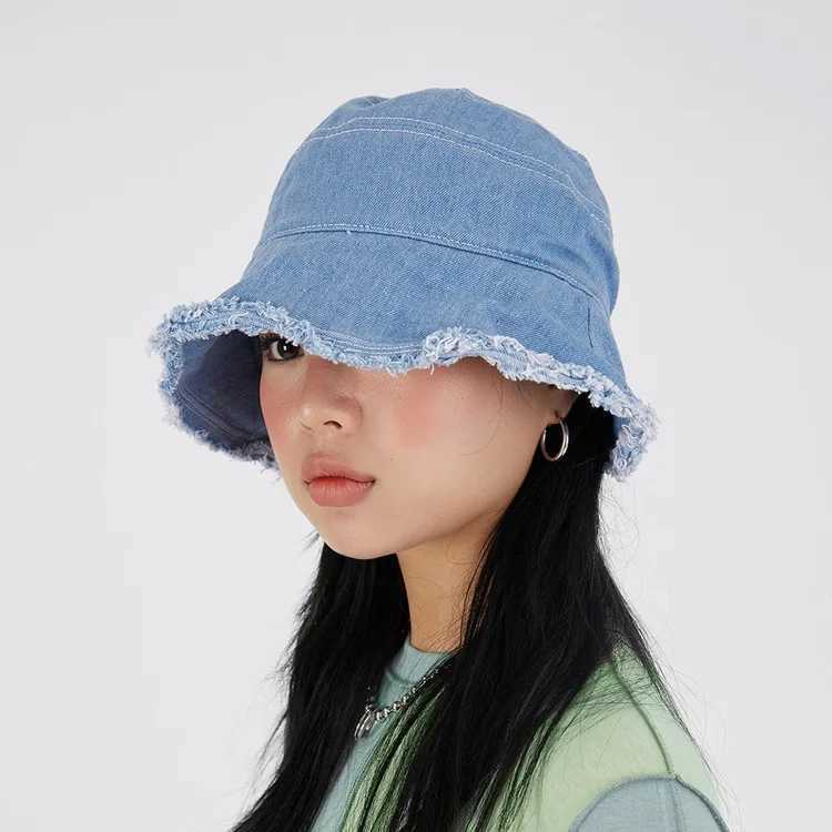 New Summer Women Denim Bucket Hat Vintage Washed Floppy Cap Wide Brim Foldable Fisherman Hats Outdoor Tourism Hat for Girl Gift W250217