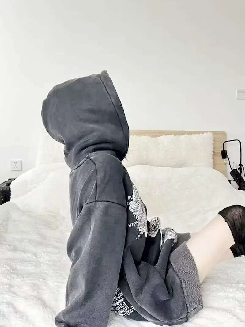 Oversized Hoodies Women Washed Old Newspaper Patchwork Hooded Coats Autumn Winter Trend Men's Women's Street Vintage Hoodie Y2k