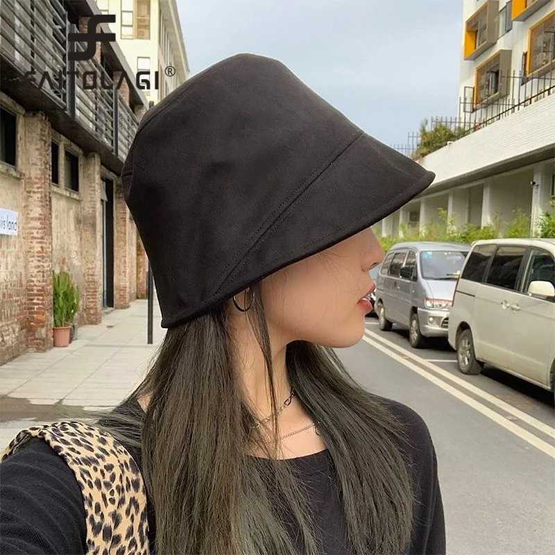 Autumn Suede Bucket Hat Women Fashion Flat Top Panama Cap Solid Color Irregular Brim Fisherman Hats Outdoor Travel Sunbonnet W250217