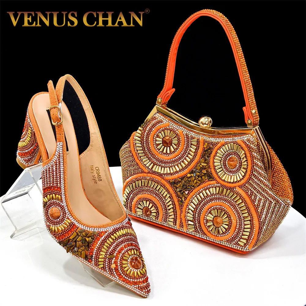 Fashion est Arrival Orange Pointed Toe Women Sandals Shoes Matching Bag Set for Ladies Wedding Party Pump 250214