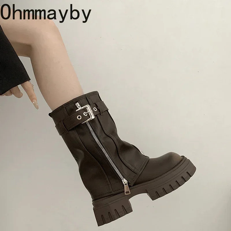 Platform Heel Mid Calf Boots Women Fashion Ladies Side Zippers Knight Boots 2024 Autumn Winter Womens Thick Bottom Shoes 250122