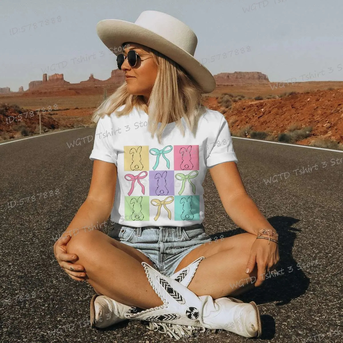 Woman T-shirts Easter Bunny Coquette Bow Graphic Tee Clothes Easter Vibes Shirt Gift for Her Vintage Easter Day Rabbit T-shirt 250217