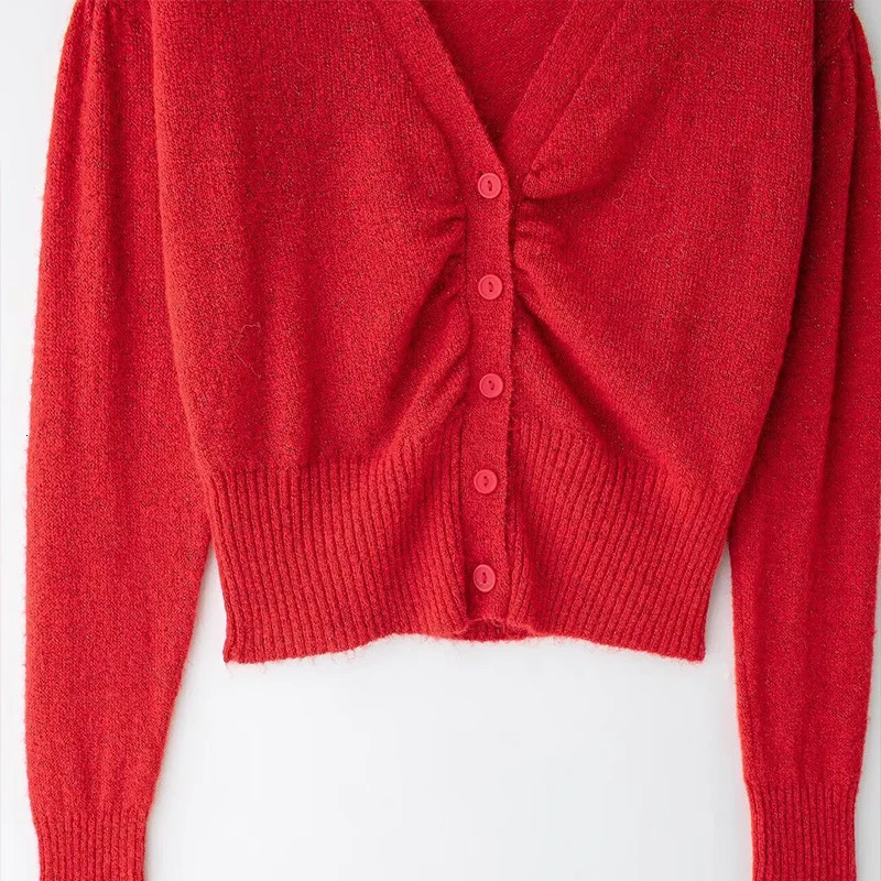 Willshela Women Fashion With Floral Red Pleated Single Breasted Knitted Sweater Vintage VNeck Long Sleeves Female Chic Outfits 250211