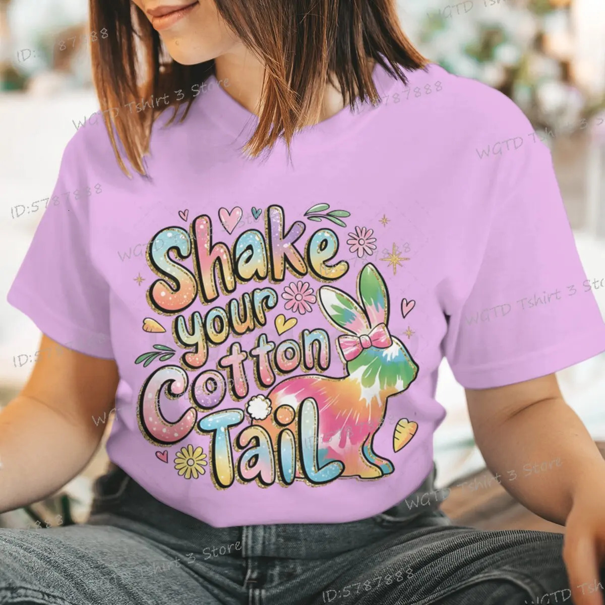 Shake Your Cotton Tail Graphic T Shirts Women Glitter Easter Bunny Short Sleeve T-shirt Happy Easter Gift Colorful Casual Tops 250217