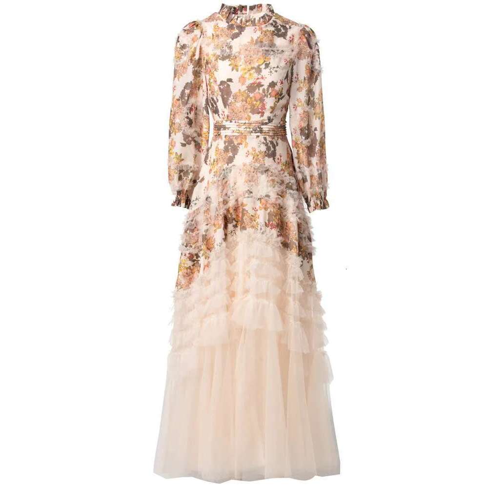 Elegant Women's Printing Lace Design Dresses Round Neck High Waist Long Sleeve Evening Dress Spring 2025 New