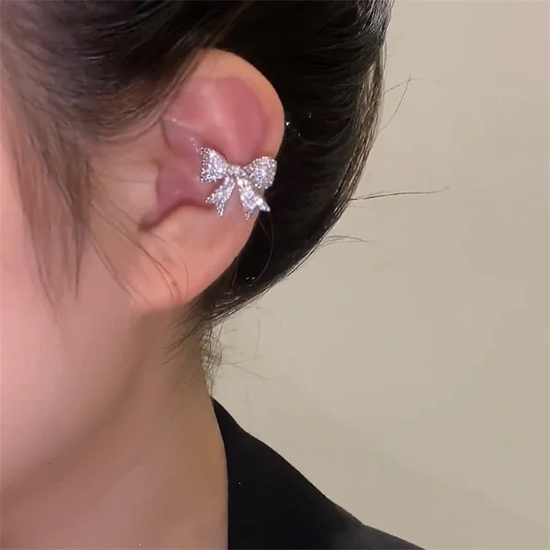 Trend Zircon Crystal Bow Ear Bone Clip NonPierced Earring Gold Silver Color Cuff for Women Girls Aesthetic Jewelry 250213