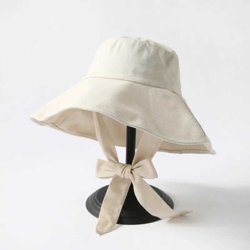 Summer Spring Japanese Tie Bucket Hat Womens Korean Big Brim Fishermans Hat Foldable Sunscreen Hat Fashion Cotton Linen Beach Sun Hat W250217