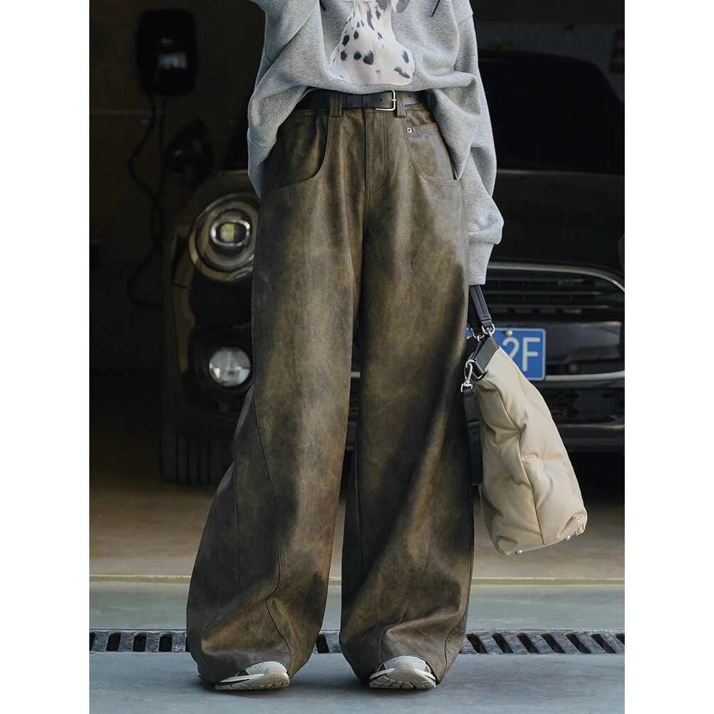 Vintage High Waist Pu Leather Pants For Women Wide Leg Trousers Streetwear Clothing Female 2025 Winter New 26D7603