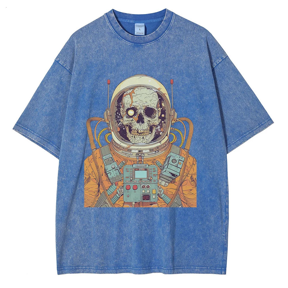 70s Astronaut Skull Graphic T-shirts Retro Sci-fi Painting Print Oversized T-shirt Distressed Cotton Mens Tops 250214