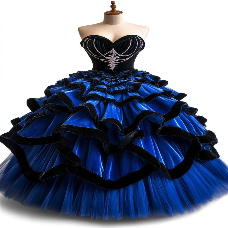 Royal Blue And Black Vestidos De 15 Quinceanera Dress Charro Velvet Tiered Sweet 16 Dress Rococo Victorian Gothic Vestio De Novias 2025 1860s Prom Dre