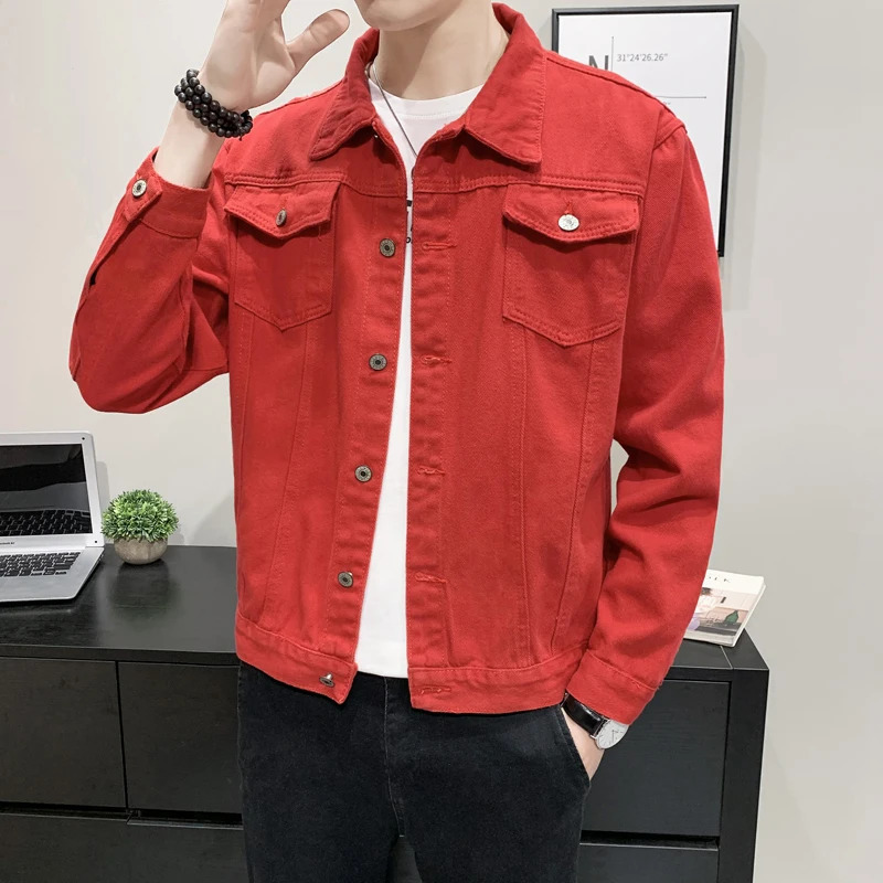 Spring Autumn Men Denim Jackets Street Casual Slim Fit Cotton Jeans Jacket Army green Red Fashion Cowboy Coat 250212