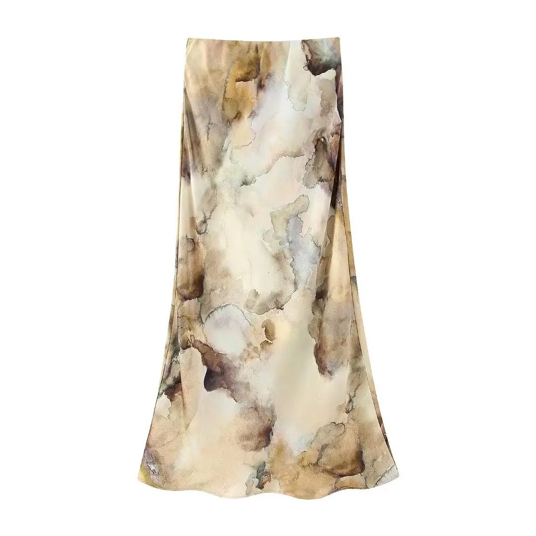 DUOPERI Women Fashion Tie Dye Printed Satin Blouse Midi Skirt Sets Chic Lady Casual and Coordinates 250214