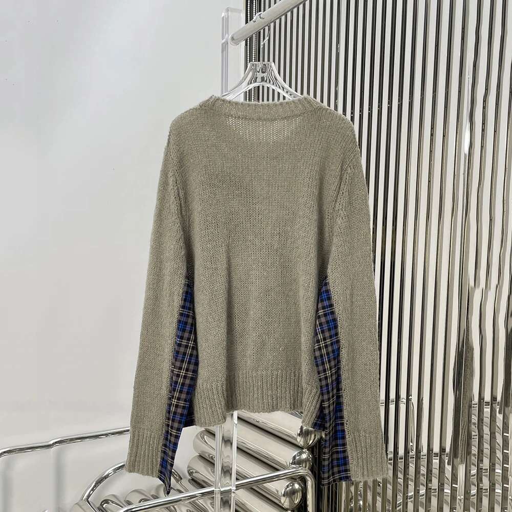 Wool Blend Women Pullover Y2k Checkered Patchwork Elegant Commuter Round Neck Long Sleeve Knit Top Sweater 2025 Winter New