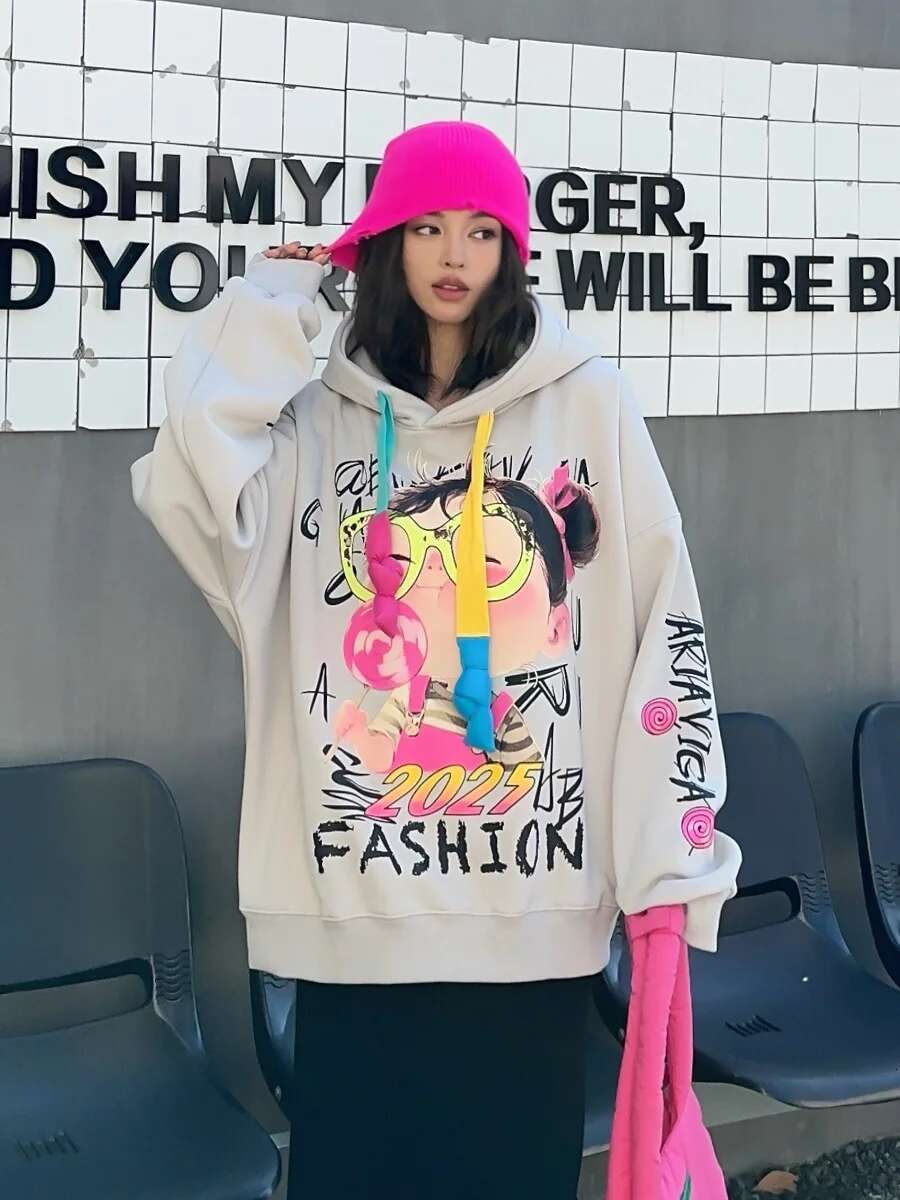 Cartoon Graffiti Plush Thickened Oversized Hoodie Sweatshirt Women Y2k Clothes 2024 Winter Casual Pullover Long Sleeve Tops Bust