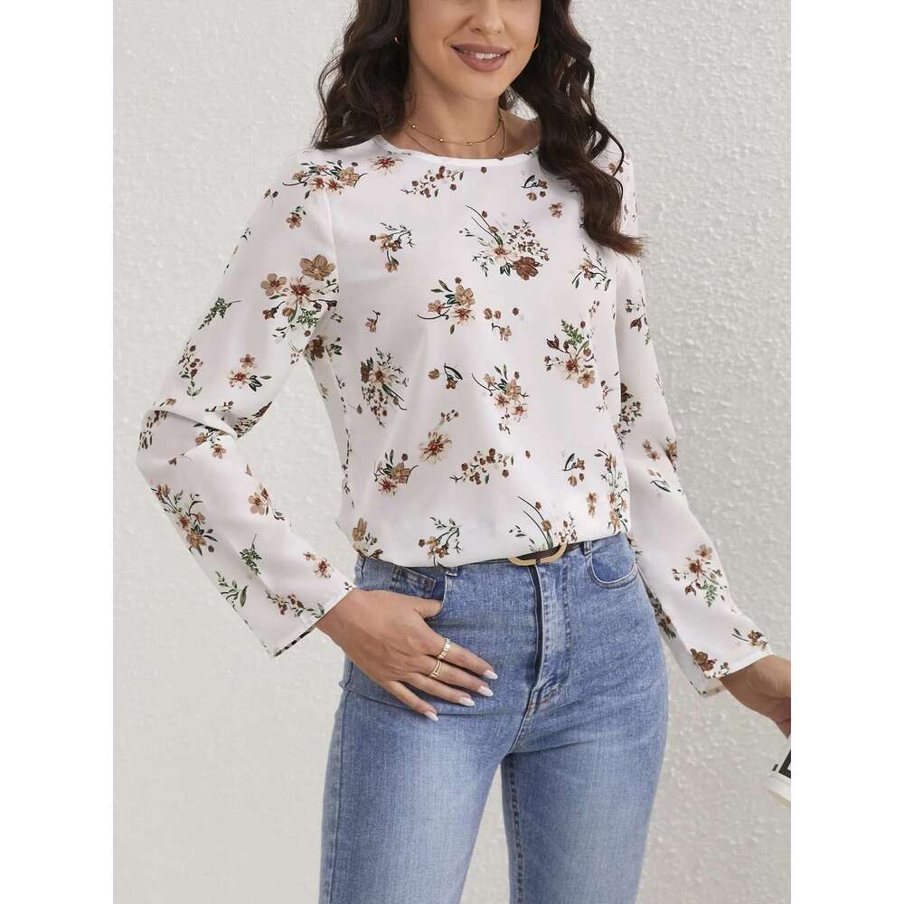 Ladies Ral Print O Neck Casual Long Sleeve Blouse Women Tops Shirts