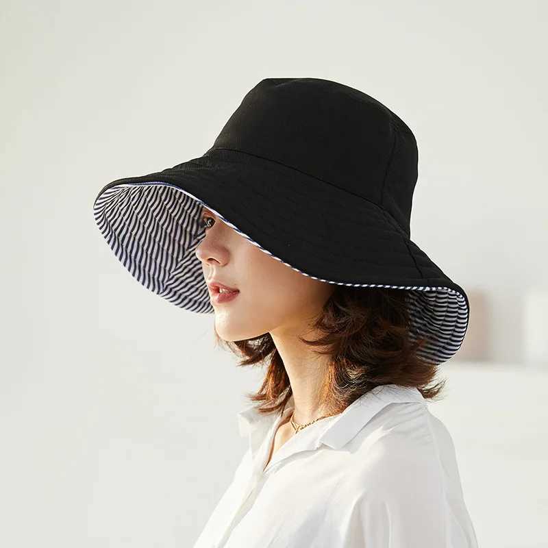 Women Striped Double-side Wear Bucket Hat Wide Brim Fordable Sun Protection Panama Caps For Girls Outdoor Beach Tour Fishmen Cap W250217