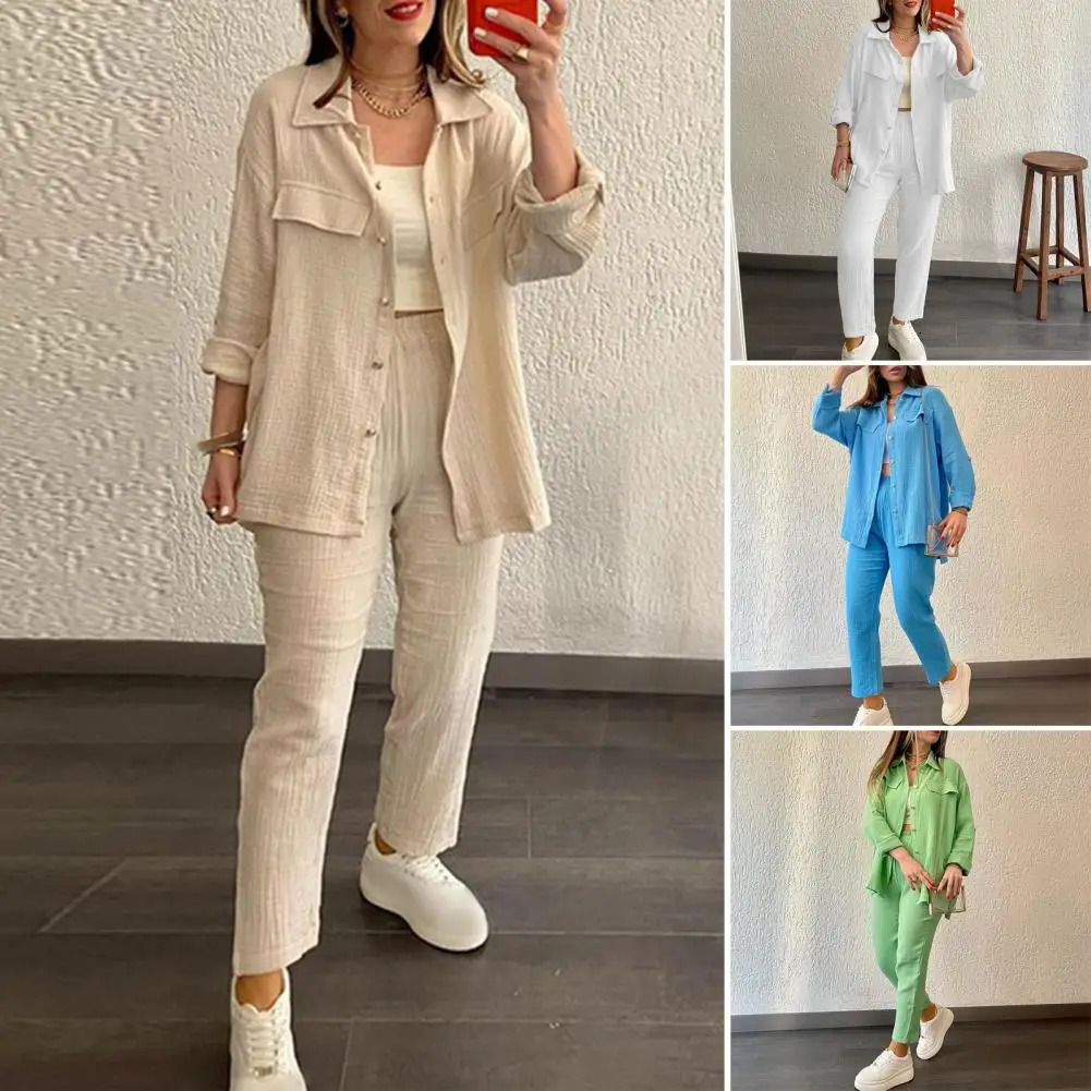 Casual Two-piece Set Women Loose Fit Outfit Womens Casual Shirt Pants Set with Lapel Collar Single-breasted Blouse for Daily 250210