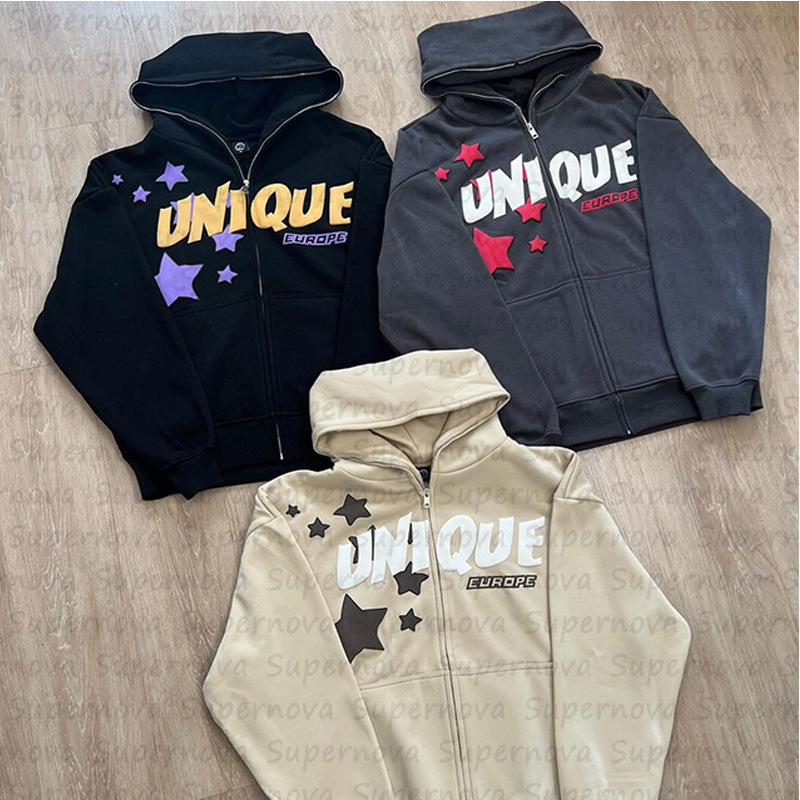 High Street Trendy Autumn/Winter Letter Printed Hoodie Set for Street Casual Hip Hop Zipper Hoodie 241028