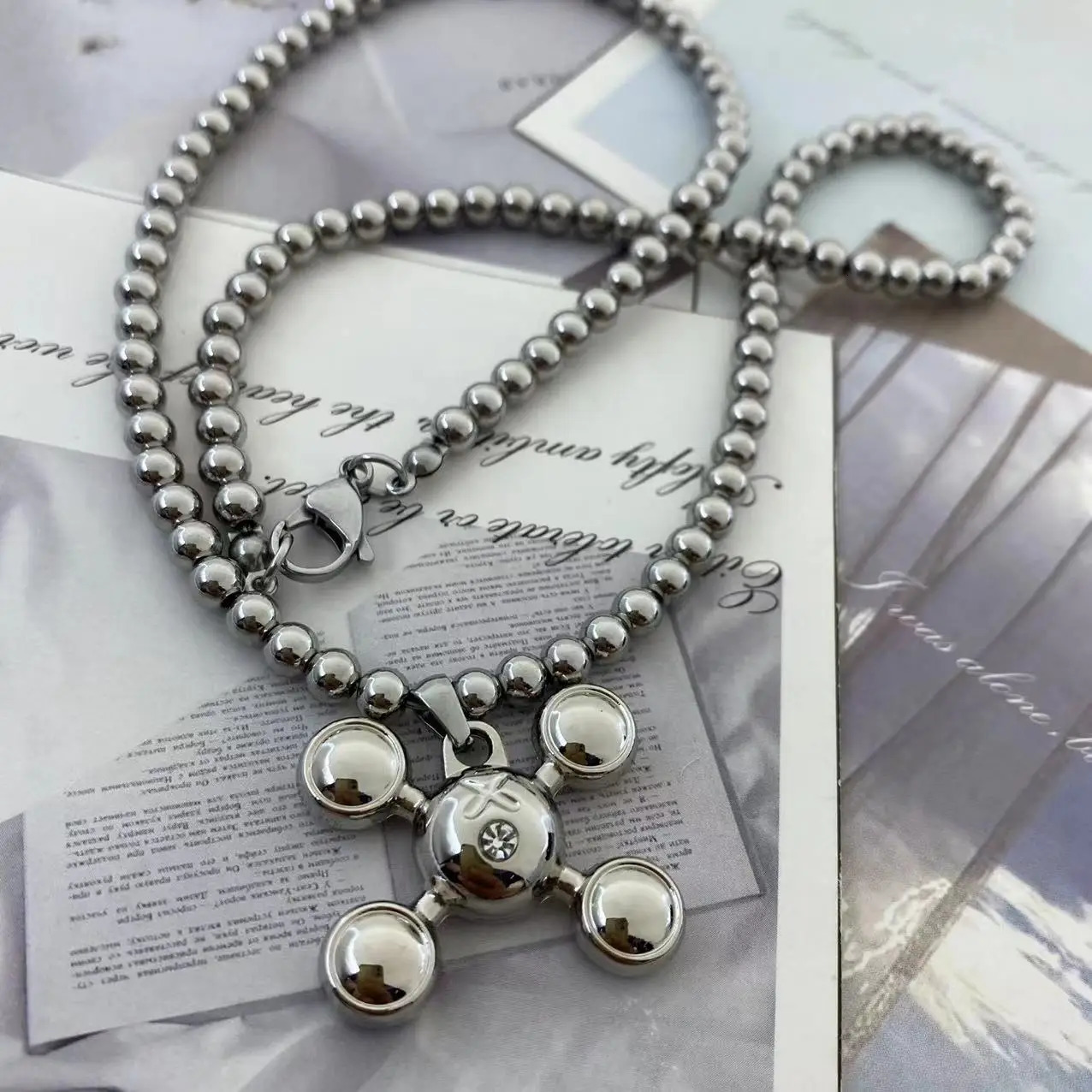 Fashion Stainless Steel Round Bead Chain Quadangle Ball Pendant For Men Women Personality Niche Sense Necklace Gift 250213