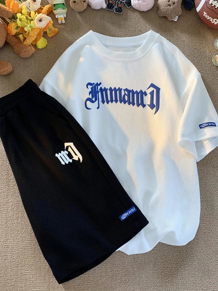 Gmiixder Hip Hop Waffle Casual Suit Men Loose Korean Short-sleeved Shirt Sports Shorts Summer Men Simple Letter Print 2pcs Set 250120