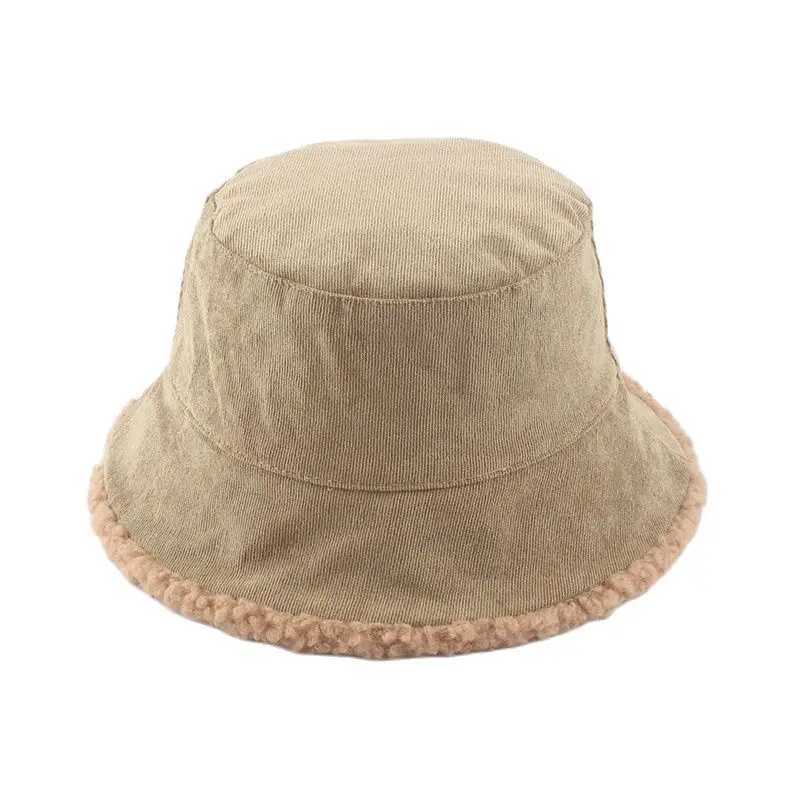 Unisex Harajuku Corduroy Bucket Hat Men Reversible Fisherman Hat Autumn Winter Lamb Wool Outdoor Warm Panama Cap For Women W250217